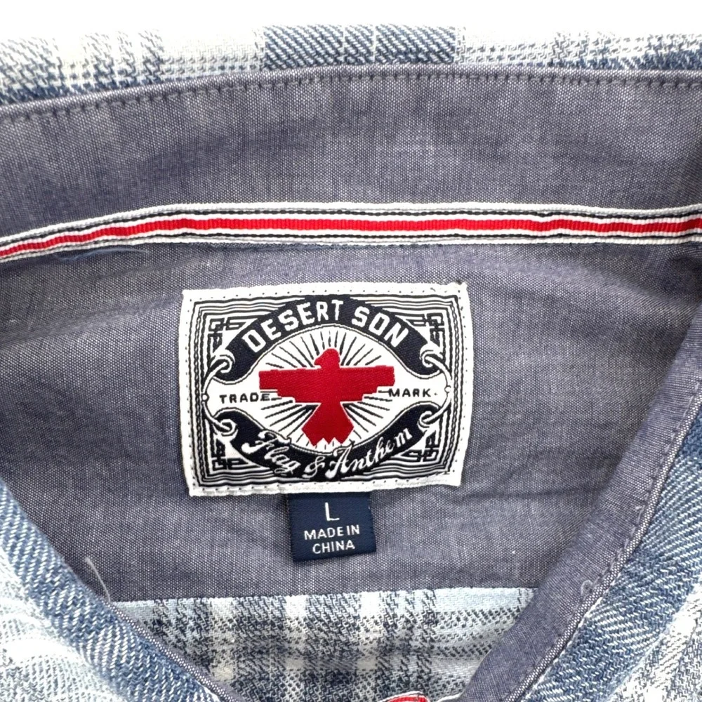 Desert Son Flag & Anthem Mens Western Shirt L Blue Plaid Pearl Snap Short Sleeve